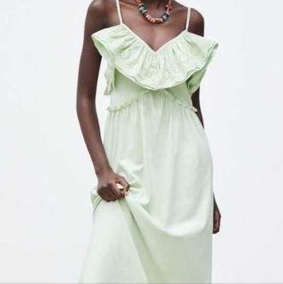 Zara Mint Green Ruffle Neck Eyelet Maxi Embroidered‎ Dress Size Small - Picture 5 of 8